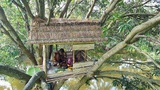 Build An Amazing Tiled Roof Hut In Tree - Primitive Tree House Making By Smart Village Boys