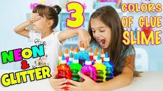 3 COLORS OF GLUE SLIME CHALLENGE with NEON and GLITTER GLUE ONLY! Who can make a giant slime bubble?