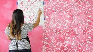 How to Stencil a DIY Watercolor Mural - Painting a Pink Flower Wallpaper Design with Wall Stencils