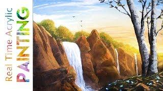 Painting a Rushing Waterfall at Sunrise in Real Time with Acrylic Paint!
