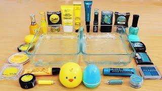 Yellow vs Aqua - Mixing Makeup Eyeshadow Into Slime! Special Series 66 Satisfying Slime Video
