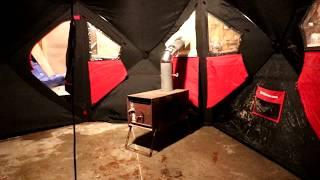 Adding a wood stove heating option for your portable pop up fish house. How to make a Hot Tent.