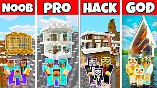 FAMILY FUTURISTIC MOUNTAIN HOUSE BUILD CHALLENGE - NOOB vs PRO vs HACKER vs GOD in Minecraft