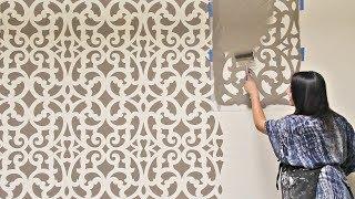 How to Stencil an Accent Wall in Only 1 Hour! Painting a Wallpaper Pattern with Wall Stencils
