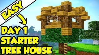 Minecraft Day 1 Starter Survival Tree House Tutorial (How to Build)