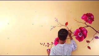 DIY ROOM DECOR || WALL FLOWER TREE PAINT WITH ACRYLIC COLOURS || ROOM DECORATION