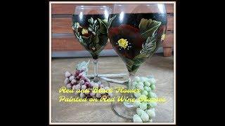 Red and Black Flowers Painted on Red Wine Glasses | Painting a Wine Glass | Aressa | 2018