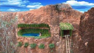 Build Most Secret Underground Bamboo Swimming Pool And House On The Cliff