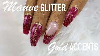 SHORT COFFIN ACRYLIC NAILS | CHERRY WINE GLITTER & GOLD NAIL ART